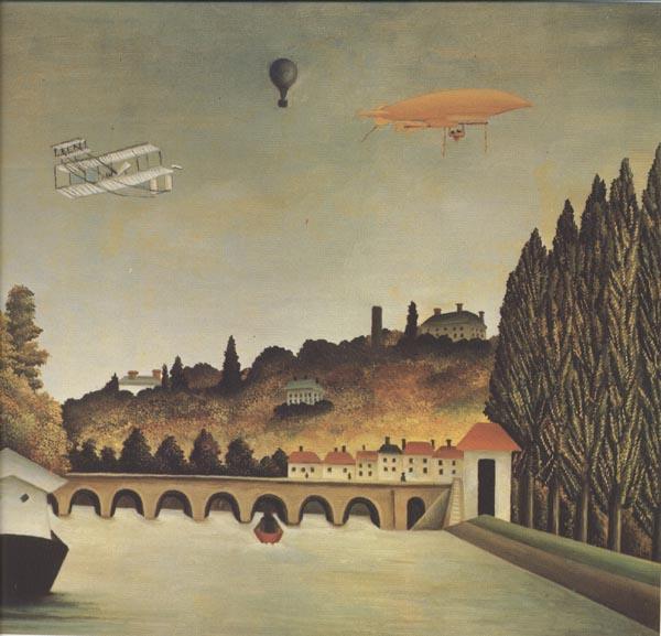 Henri Rousseau View of the Bridge at Sevres and Saint-Cloud with Airplane,Balloon,and Dirigible Germany oil painting art